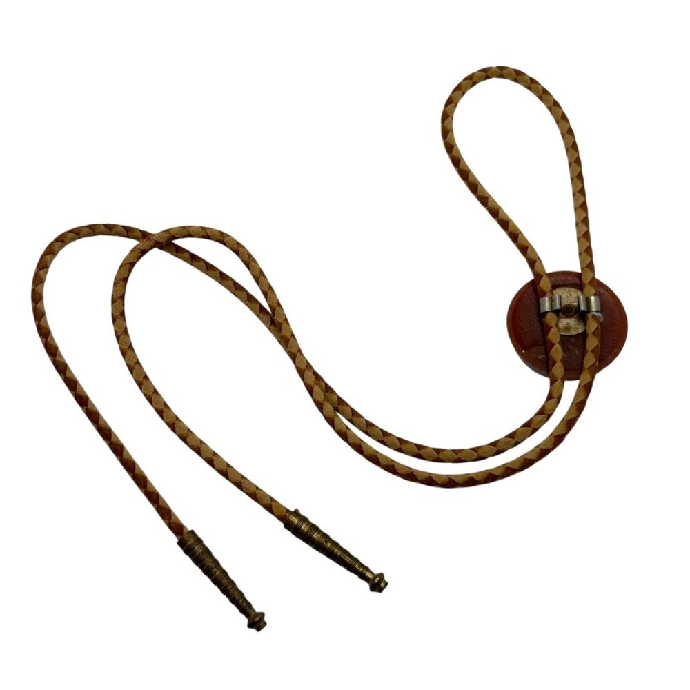 Vintage Western Brown Leather Bolo Tie With Horseshoe Slide & Brass Tips